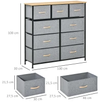 HOMCOM Kommode 9 Schubladen Stoffaufbewahrungsschrank klappbare Schublade - schwarzes Stahlgestell - 100 x 30 x 100 cm, Eiche und Grau(m-3)