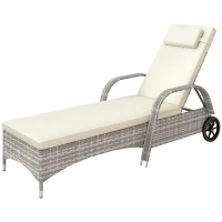 Outsunny Sonnenbett mit Matratze, einstellbarer Mehrpositionsneigung, Armlehnen, Rädern 200 x 73 x 30-103 cm Hellgrau(m-1)