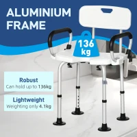 HOMCOM Shower Chair for the Elderly and Disabled, Height Adjustable Shower Stool with Back and Flipped Padded Arms, Suction Foot Pads, White(m-4)