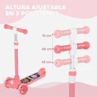 AIYAPLAY Patinete Infantil Patinete con 3 Ruedas Luces LED Altura Ajustable Carga 25 kg 52x29x63-76 cm Rosa(m-4)