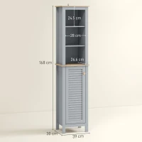 kleankin Bathroom Floor Storage Cabinet with 3 Tier Shelf and Cupboard with Door, Free Standing Linen Tower, Tall Slim Side Organizer Shelves, Grey(m-3)