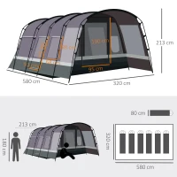 Outsunny Camping Zelt 8 Personen Zelt Tunnelzelt mit Vorraum 4 Fenster Familienzelt PU3000mm für Trekking Festival Glasfaser Dunkelgrau 580 x 320 x 215 cm(m-3)