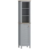kleankin Bathroom Floor Storage Cabinet with 3 Tier Shelf and Cupboard with Door, Free Standing Linen Tower, Tall Slim Side Organizer Shelves, Grey(m-1)