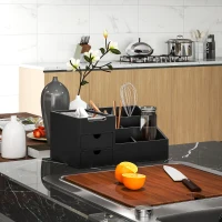 HOMCOM Schreibtisch-Aufbewahrungsbox - Schreibtischorganizer - 7 Fächer, 2 Schubladen - Lackierter Bambus Schwarz(m-4)