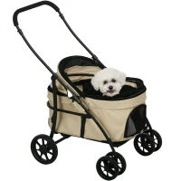 PawHut Carrito para Perros Plegable Cochecito para Mascotas con 2 Correas de Seguridad Cojín y Marco de Acero Caqui(m-10)