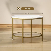 HOMCOM Modern Runder Couchtisch mit 2 Ebenen marmorierte Oberfläche und gehärtetes Glas, Ø 60 x 45 cm, Weiß und Gold(m-3)