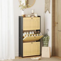 HOMCOM Schuhschrank 18 Paare mit 3 kippbaren Schubladen, Gittertüren aus Bambus, 60x24x118cm, Schwarz und Naturholz(m-2)