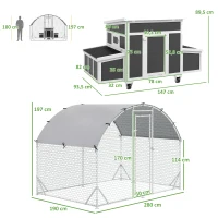 PawHut Conjunto de 1 Galinheiro de Madeira 147x93,5x89,5 cm e 1 Galinheiro grande em Aço Galvanizado 280x190x197 cm Cinza(m-3)