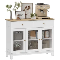 HOMCOM Buffet Wohnzimmerschrank mit 2 Schränken mit geriffelten gehärteten Glastüren, 2 Schubladen und verstellbaren Regalen, 100 x 35 x 80,3 cm, weiß(m-6)