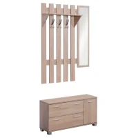 HOMCOM Set Garderobenmöbel 3 in 1 mit Spiegel und Schuhschrank für den Eingangsbereich Spanplatte 90 x 21,5 x 116 cm Eiche(m-5)