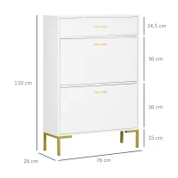 HOMCOM Schuhschrank mit 2 Kippschubladen, 1 Schublade, Sideboard, Weiß + Gold(m-3)