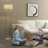 HOMCOM Moderne Stehlampe mit Leinenstoff Lampenschirm, Doppelrohr aus Metall und Fußschalter, Gold(m-4)