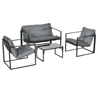 Outsunny Gartenmöbel-Set, 1 Glastisch, 2 Sessel. 1 Sofa, wetterbeständig,114 cm x 70 cm x 67 cm, Grau+Schwarz(m-16)