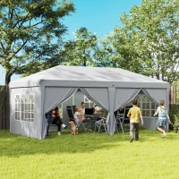 Outsunny Popup-Gartenpavillon Faltbarer Pavillon 6 x 3 x 2,7 m 4 abnehmbare Seitenwände 4 Fenster Transporttasche Hellgrau(m-2)