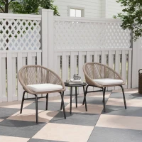 Outsunny Gartenmöbel-Set für 2 Personen mit weichen Sitzkissen aus geflochtener Rattan-Kordel und Epoxidstahl in Khaki(m-2)