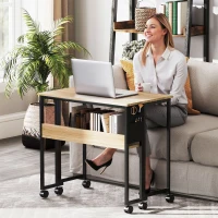 HOMCOM Klappbarer Schreibtisch auf Rollen 80 x 50 cm mit Regal und Aufbewahrungstasche, Eiche(m-5)