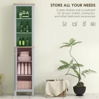 kleankin Bathroom Floor Storage Cabinet with 3 Tier Shelf and Cupboard with Door, Free Standing Linen Tower, Tall Slim Side Organizer Shelves, Grey(m-4)