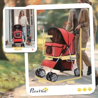 PawHut Pet Stroller for Small Miniature Dogs Cats Foldable Travel Carriage with Wheels Zipper Entry Cup Holder Storage Basket Red(m-3)