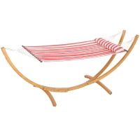 Outsunny Hängematte mit Ständer, 1 Person, Hängematte mit Holzgestell Kopfkissen, Baumwolle, 310x118x120cm, Rot und Weiß(m-6)