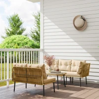 Outsunny Gartenmöbel-Set im Freien aus Polyrattan für 5 Personen, Glastisch und Kissen inklusive, Naturholz(m-5)