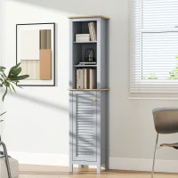 kleankin Bathroom Floor Storage Cabinet with 3 Tier Shelf and Cupboard with Door, Free Standing Linen Tower, Tall Slim Side Organizer Shelves, Grey(m-8)