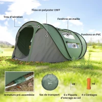 Outsunny Tente de camping 4-5 personnes montage instantanée pop-up 2 portes enroulables 4 fenêtres dim. 2,63L x 2,2l x 1,23H m fibre verre polyester PE vert gris(m-7)