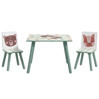 ZONEKIZ Set de Mesa y 2 Sillas Conjunto de Muebles Infantiles de 3 Piezas para Niños de +3 Años con Estampado Animales y Verde