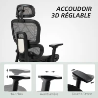 HOMCOM Fauteuil de bureau, chaise de bureau ergonomique en maille avec accoudoirs 3D, dossier inclinable, 66x64x122 cm, noir(m-7)
