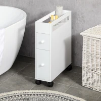 kleankin Dulap  de baie subtire cu 4 roti rulante, dulap de depozitare de sine statator cu 2 sertare si raft deschis, suport pentru hartie igienica pentru spatiu mic, alb(m-10)
