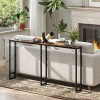 HOMCOM Mesa de Consola Estreita Consola com Estação de Carga Estrutura de Aço Estilo Industrial para  160x20x80 cm Marrom Rústico(m-8)