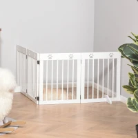 PawHut Freestanding Pet Gate 4 Panel Wooden Dog Barrier Folding Safety Fence with Support Feet up to 204cm Long 61cm Tall for Doorway Stairs White(m-10)
