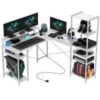 HOMCOM L-vormig hoekkantoor met geïntegreerd stopcontact, monitorstandaard en opbergplank, wit(m-10)