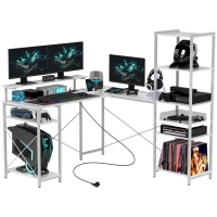 HOMCOM L-vormig hoekkantoor met geïntegreerd stopcontact, monitorstandaard en opbergplank, wit