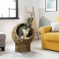PawHut Woven Banana Leaf Elevated Cat Bed Wicker Kitten Basket Pet Den. House Cozy Cave with Soft Cushion Dome 42x33x52cm Dark Brown(m-8)