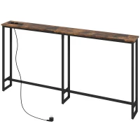 HOMCOM Mesa Consola Estrecha con Estación de Carga Diseño Industrial Estructura de Acero 160x20x80 cm Marrón Rústico(m-11)