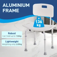HOMCOM Scaun de Duș Antiderapant cu Spătar și Înălțime Reglabilă pe 8 Poziții, 50,6x43x71-88 cm, Alb(m-4)