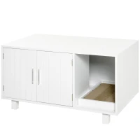PawHut Wooden Cat Litter Box Enclosure & House with Nightstand/End Table Design, Scratcher, & Magnetic Doors, White(m-1)