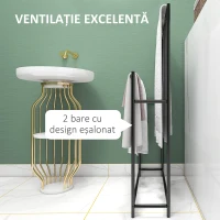 HOMCOM Suport Prosoape pentru Baie de Podea cu 2 Brațe Autoportant din Metal Negru(m-4)