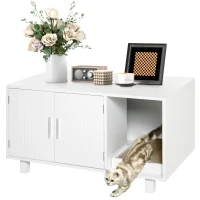 PawHut Wooden Cat Litter Box Enclosure & House with Nightstand/End Table Design, Scratcher, & Magnetic Doors, White(m-14)