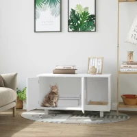 PawHut Wooden Cat Litter Box Enclosure & House with Nightstand/End Table Design, Scratcher, & Magnetic Doors, White(m-2)