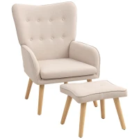 HOMCOM Fauteuil avec Repose-pieds Fauteuil de Lecture avec Haut Dossier Capitoné Pieds en Bois et Revêtement en Lin Beige(m-6)