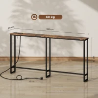 HOMCOM Mesa de Consola Estreita Consola com Estação de Carga Estrutura de Aço Estilo Industrial para  160x20x80 cm Marrom Rústico(m-3)