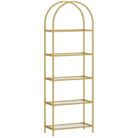 HOMCOM Bibliothèque étagère de rangement en verre à 5 niveaux arqué pour salon, bureau, chambre, 60 x 30 x 175 cm, doré