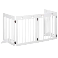 PawHut Freestanding Pet Gate 4 Panel Wooden Dog Barrier Folding Safety Fence with Support Feet up to 204cm Long 61cm Tall for Doorway Stairs White(m-11)