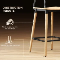 HOMCOM Lot de 2 tabourets de bar avec dossier, hauteur réglable et repose-pieds structure en acier hauteur 94 cm, bois naturel(m-5)