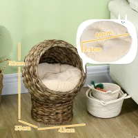 PawHut Woven Banana Leaf Elevated Cat Bed Wicker Kitten Basket Pet Den. House Cozy Cave with Soft Cushion Dome 42x33x52cm Dark Brown(m-3)