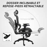 HOMCOM Fauteuil de bureau, chaise de bureau ergonomique en maille avec accoudoirs 3D, dossier inclinable, 66x64x122 cm, noir(m-6)