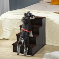 PawHut 4-Step Wooden Pet Stair Pet Steps with Soft Short Plush Cushions Dark Coffee(m-12)