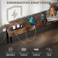 HOMCOM Schlanker Konsolentisch mit Ladestation, Industriestil, Stahlrahmen, Braun(m-4)