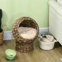 PawHut Woven Banana Leaf Elevated Cat Bed Wicker Kitten Basket Pet Den. House Cozy Cave with Soft Cushion Dome 42x33x52cm Dark Brown(m-7)